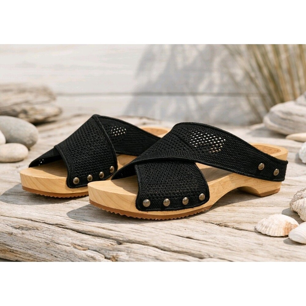 Jax & Bard Libby Hill Black Knit Wooden Clog Sandals Slides Open Toe US 9.5 EUC